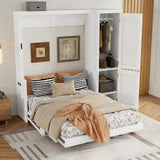 DNChuan Queen Size Horizontal Murphy Bed with Desk and Convertible Wardrobe, Foldable Wall Bed with Cabinet Built-in Doors, Charging Station, Space Saving, White DNChuan