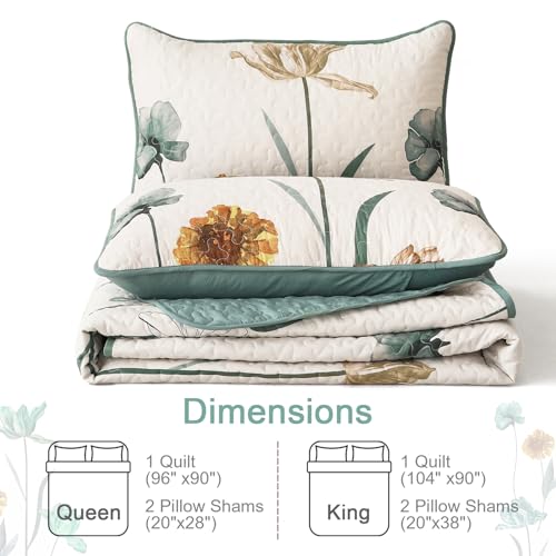 WONGS BEDDING Floral Quilt Set Queen,Green Yellow Floral Botanical Bedspread Bedding Set with 2 Pillowcase,Lightweight Summer Farmhouse Coverlet Set for All Season (96"x90") WONGS BEDDING