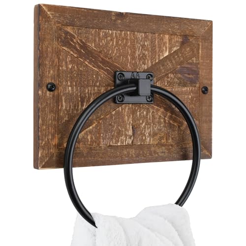 Autumn Alley Farmhouse Hand Towel Ring for Bathroom - Barn Wood Bath Towel Rings Holder - Towel Rings for Bathroom Wall Mounted Decor Mix of Wood, Galvanized Metal & Black Rings Autumn Alley