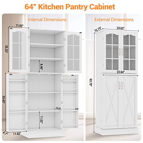 Jehiatek 64” Kitchen Pantry Storage Cabinet, Tall Kitchen Pantry Cabinets with Doors and Shelves, Food Pantry Cabinet Buffet Cupboards for Bedroom Jehiatek