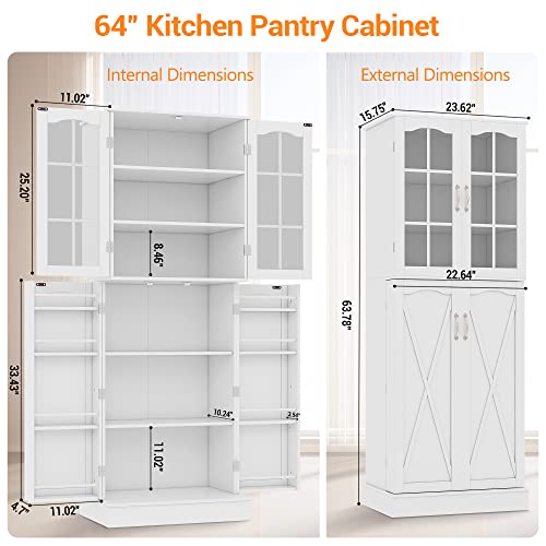 Jehiatek 64” Kitchen Pantry Storage Cabinet, Tall Kitchen Pantry Cabinets with Doors and Shelves, Food Pantry Cabinet Buffet Cupboards for Bedroom