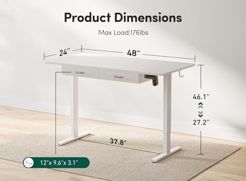 FEZIBO Adjustable Height Electric Standing Desk with Double Drawer, 48 x 24 Inches Stand Up Home Office Desk with Splice Tabletop, White Frame/White Top - WoodArtSupply