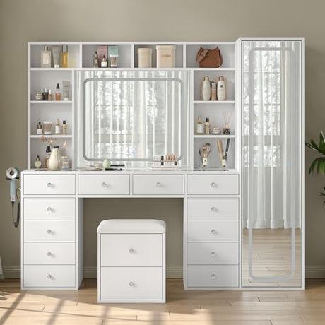 Yanosaku Vanity Desk Full Length Mirror & LED Mirror with Power Outlet, Makeup Vanity 14 Drawers & 10 Shelves, Hidden Storage Capacity, Dimmable & 3 Color Lighting Dressing Table for Bedroom, White Yanosaku