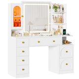 Hasuit White Vanity Desk with Mirror and LED Lights, Large Makeup Vanity Desk with 7 Drawers, Storage Shelves and RGB Glass Cabinet, Dressing Table for Bedroom with Charging Station, Lights Adjustable Hasuit