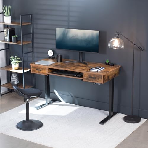VIVO Electric Height Adjustable 55 x 24 inch Memory Stand Up Desk with Rear-Set Legs, Rustic Vintage Brown Table Top with Built-in Drawers and Keyboard Tray, Black Frame, DESK-KIT-RB5MN VIVO