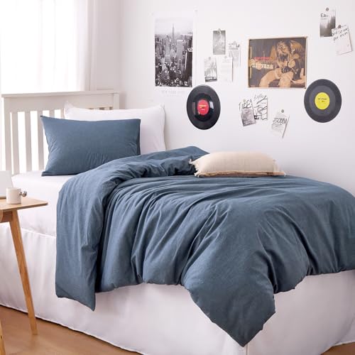 Wake In Cloud - Cotton Duvet Cover Set, Twin Size, Chambray Denim Blue, 100% Washed Cotton, Linen Like Textured, Breathable Percale Durable Comfy Farmhouse Neutral Bedding Set, 3 Pieces Wake In Cloud