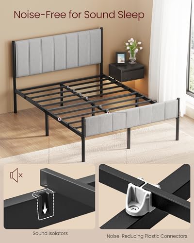 VASAGLE Full Bed Frame with Upholstered Headboard, Metal Bed Frame Full Size with Footboard, 1100 lb Weight Capacity, Steel Slats, Easy Assembly, No Box Spring Needed, Dove Gray URMB982G01V1 VASAGLE