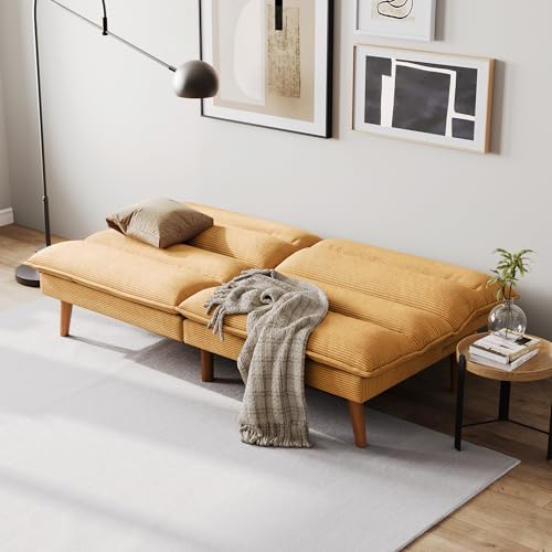 LINSY Futon Sofa Bed - 71 Inch Corduroy Futon Couch with Adjustable Backrest Convertible Folding Futons Sofa Couches for Small Spaces Living Rooms Apartment Office (Yellow) LINSY