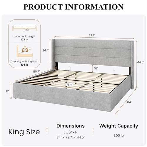 SHA CERLIN King Size Lift Up Storage Bed/Modern Wingback Headboard/Upholstered Platform Bed Frame/Hydraulic Storage/No Box Spring Needed/Wood Slats Support/Light Grey SHA CERLIN