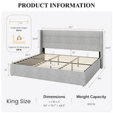 SHA CERLIN King Size Lift Up Storage Bed/Modern Wingback Headboard/Upholstered Platform Bed Frame/Hydraulic Storage/No Box Spring Needed/Wood Slats Support/Light Grey SHA CERLIN