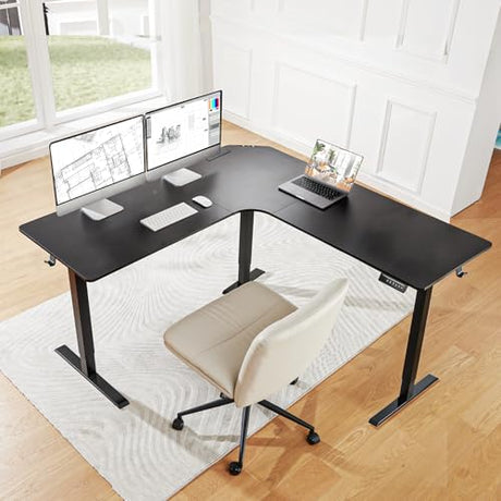 HUANUO Electric L Shaped Standing Desk, 63" x 63" Height Adjustable Corner Standing Desk with Built-in Power Outlets & Power Strip Holder, Sit Stand Up Table with 4 Preset Heights, Black HUANUO