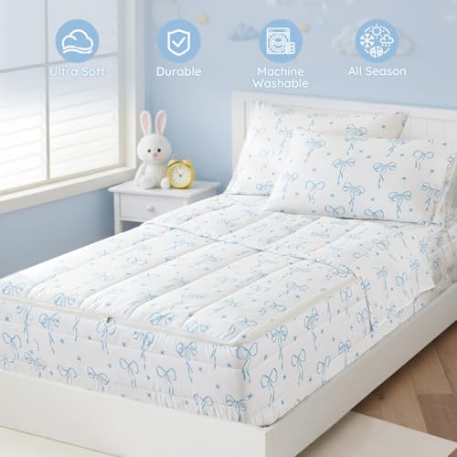 Bildenly Bow Zipper Bedding Twin for Girls, Bed in a Bag, Comforter Set White - Light Blue Bow Quilt with All-in-One Zipper Design, Cute Bow Quilt Set for Girls & Boys Bildenly