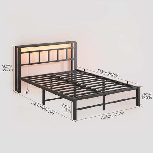 Maliacife Full Size Bed Frame with Headboard,LED Light and Charging Station with Wood Shelves,Metal Platform Bed with Heavy Duty Slats Support,No Box Spring Needed,Easy Assembly,Noise Free,Black Maliacife