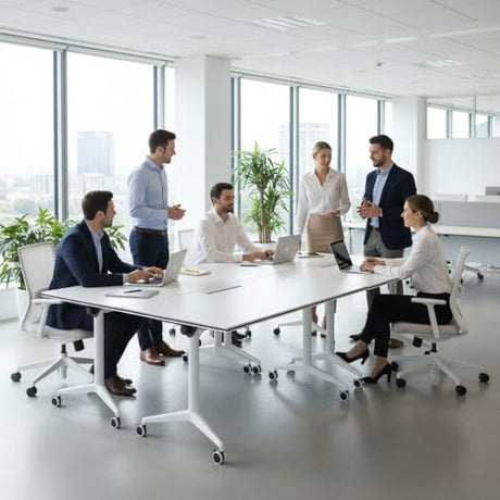 Conference Table Folding Conference Room Table with Wheels 63”x 23.6”Mobile Meeting Tables Foldable Rolling Modern Minimalist Desk for Office Podcast Training Breakroom, White(2pcs) Bisonful