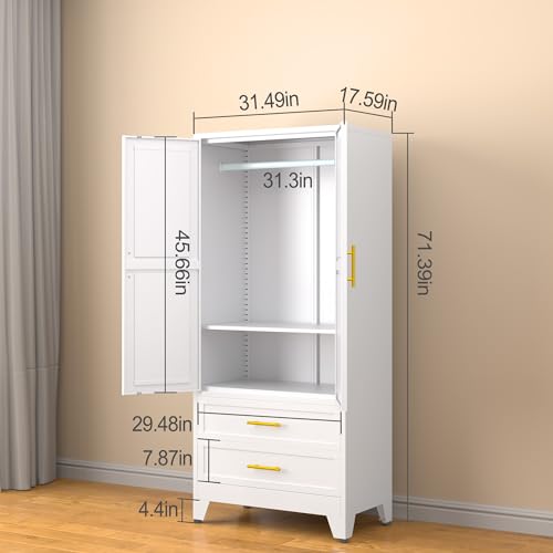 erosoei Metal Armoire Wardrobe Closet, 71 "Metal Clothing Storage Cabinet with Adjustable Shelves and Hanging Rod, Household Steel Wardrobe Storage Cabinet with Drawers - WoodArtSupply