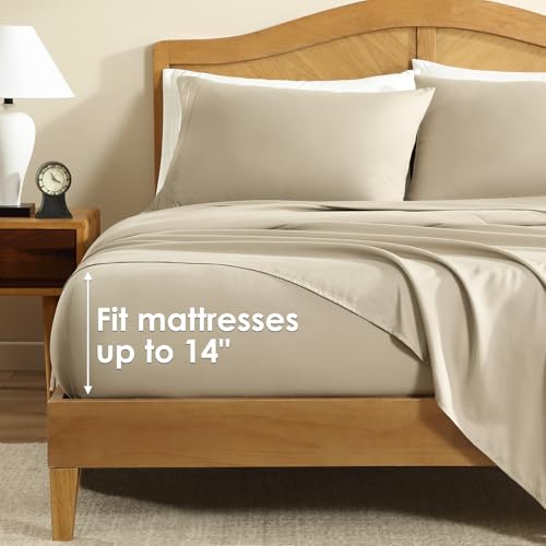 ClevaHome Sheet Set Queen Size, 4-Piece Bedding, Lightweight & Super Soft Easy Care Microfiber– Shrinkage & Fade Resistant Bedding Set with 14'' Deep Pockets (Sandy Beige) Cleva