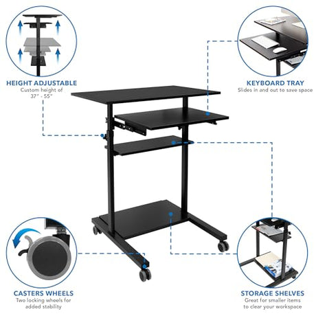 Mount-It! Mobile Standing Desk with Retractable Keyboard Platform | Height Adjustable Stand Up Computer Workstation | Locking Wheels, 99 Lbs Capacity Mount-It!