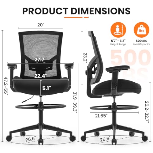 500lbs Drafting Chair,Big and Tall Office Chair for Standing Desk with Wide Seat,2D Adjustable Lumbar Support,Ergonomic Office Chair with Footrest for Home,Drawing or Counter Height Use BOSMILLER