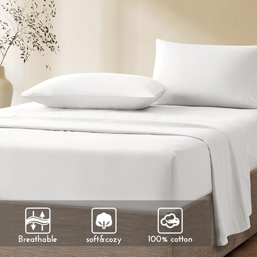 Comfort Spaces 100% Cotton Sheet Set Breathable, Lightweight, Soft with 12" Elastic Pocket Fits up to 14" Mattress, All Season Cozy Bedding, Matching Pillow Case, Twin White 3 Piece Comfort Spaces