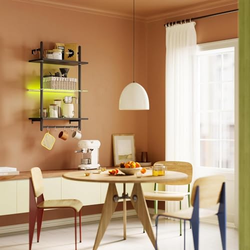 Bestier Gaming Floating Shelves, 24 inch LED Wall Mounted Shelves with Towel Bar, Coffee Bar Shelves with Glass Shelf & 8 Hooks, 3 Tier Hanging Display Rack for Wall Decor, Black Carbon Fiber Bestier