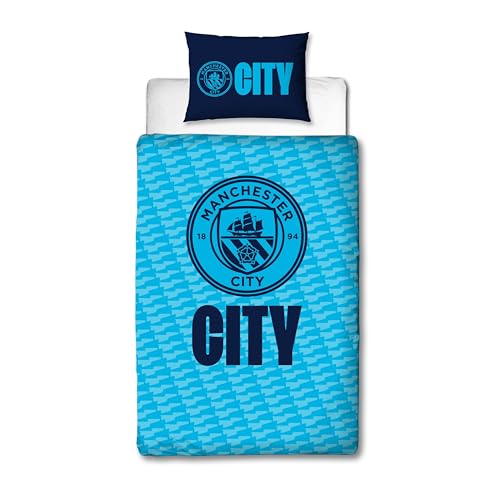 Character World Official Manchester City FC Single Duvet Cover Set, Crestcol Design | Blue Reversible 2 Sided Football Bedding Cover Official Merchandise Including Matching Pillow Case Manchester United