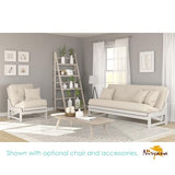 Arden White Futon Set Queen Size - Armless Futon Frame with Mattress Included (Twill Ivory), Space Saving Modern Sofa Bed Sleeper Nirvana Futons