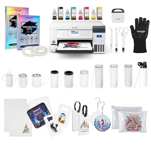 Epson Surecolor F170 Sublimation Blank Bundle – Printer with CMYK Ink Set, Tumbler & Flat Blanks Starter Kit, Sublimation Paper, Heat Tape & Design Pack – Perfect for Beginners & Small Business
