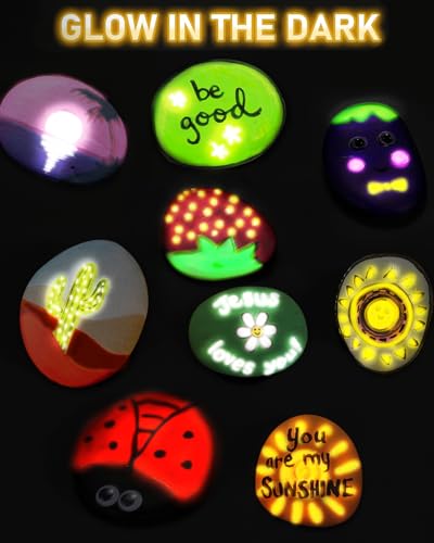 Nicpro 97PCS Rock Painting Kit Glow in The Dark & Metallic, 32 Colors Paint Supplies for Kids Ages 4-12, DIY Art Set 15 River Rocks with Holder, Toy Gift for Boys Girls Birthday Party Activities Nicpro