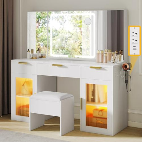 DWVO 56" Vanity Table Set with Tri-Fold Mirror & LED Lights, Makeup Vanity Desk with RGB Glass Cabinets, Storage Drawers, Shelves, Built-in Power Strip, Cushioned Stool for Dressing Room, White DWVO