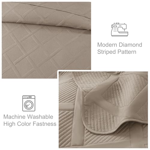 Exclusivo Mezcla Full Queen Size Quilt Set with Modern Striped Pattern, 3 Pieces Summer Lightweight Taupe Quilts Bedding Set, Soft Bedspreads Coverlets for All Seasons Exclusivo Mezcla