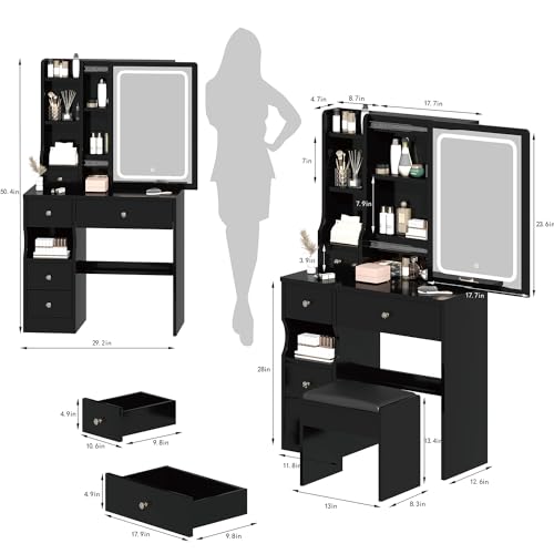 Elevon Small Makeup Vanity Desk with Sliding Mirror LED 3 Lighting Adjustable, Vanity Table Set with 5 Storage Drawer & Chair & Shelves Bedroom Furniture, Black