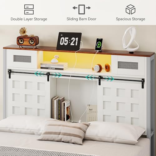 YITAHOME Queen Farmhouse Bed Frame,49.14" Tall Headboard with Storage and Bookcase Led Light & Charging Station, Sliding Barn Door, Wooden Platform Bed Frame, No Box Spring Needed, White YITAHOME