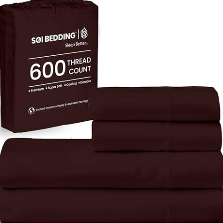 SGI bedding 600 Thread Count 4 Piece 100% Egyptian Cotton Queen Size Sheets Set, 15" Deep Pocket Sheet Set, Premium, Breathable, Soft and Hotel-Quality Luxury Sheets - Chocolate SGI bedding