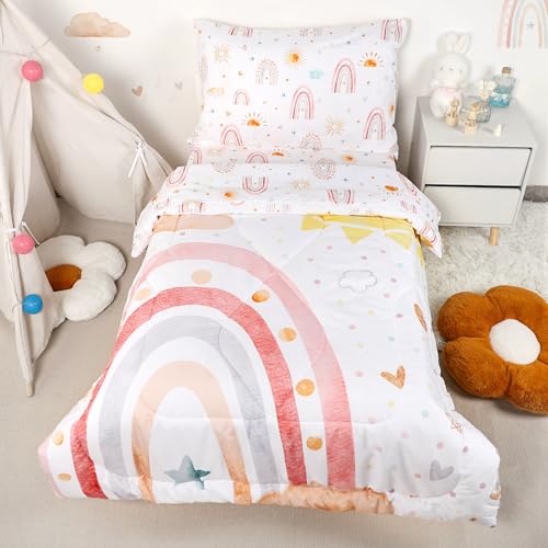 CARUILI Toddler Bedding Set for Girls, 4 Piece Rainbow Toddler Girl Bedding Set, Super Soft & Lightweight Toddler Comforter Set Includes Comforter, Flat Sheet, Fitted Sheet, Pillowcase (Pink) CARUILI