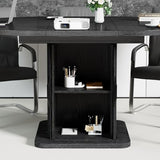 Extendable Black Round Conference Table for 4-8 People, 43in-59in Modern Oval Meeting Room Table with Storage, Fluted Wood Slide Doors, Small Compact, Office, Training, Conference Room Jluomei