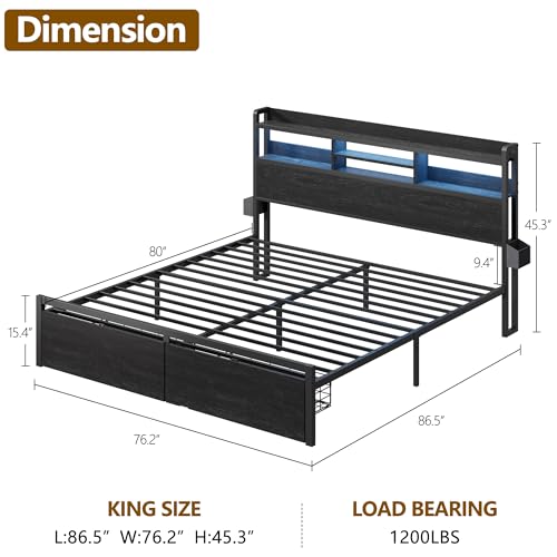 Furnulem King Bed Frame with Wood Headboard & Storage Drawers, Metal Platform Bed Frames King Size with LED Lights, Built in Charging Station, No Box Spring Needed, No Noise, Easy Assembly, Black Furnulem
