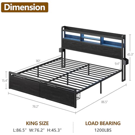 Furnulem King Bed Frame with Wood Headboard & Storage Drawers, Metal Platform Bed Frames King Size with LED Lights, Built in Charging Station, No Box Spring Needed, No Noise, Easy Assembly, Black Furnulem
