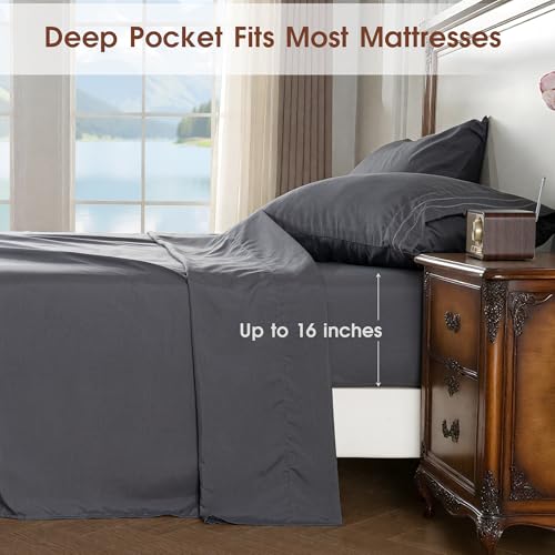 Ranunculus 3 Piece Washed Twin Bed Sheet Set, Fitted Sheet Twin Size & Bedsheet & Pillowcase, Soft Brushed Microfiber - 16 inches Deep Pocket, Breathable, Fade Resistant,Easy Care (Dark Grey,Twin) Ranunculus