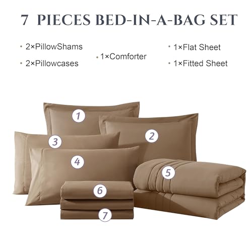Monbix Queen Comforter Set - 7 Pieces Raw Umber Bed in a Bag Queen Bedding Sets with Comforters, All Seasons Comforter Bed Set with Sheets, Pillowcases & Shams Monbix