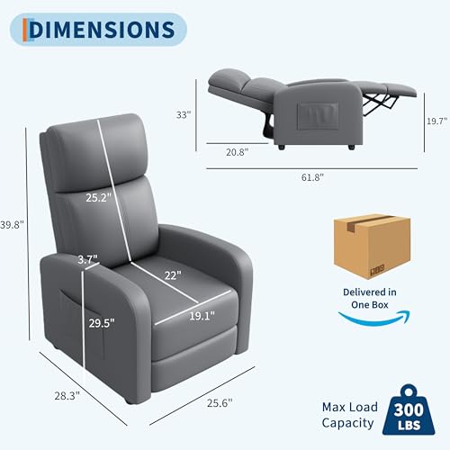 Garvee Recliner Chair for Adults, Leather Lazy Recliner Ergonomic Adjustable Single Sofa Enhanced with Side Pocket, Tall Back, Wide Arms & Padded Seat, Home Theater Seating for Living Room, Grey