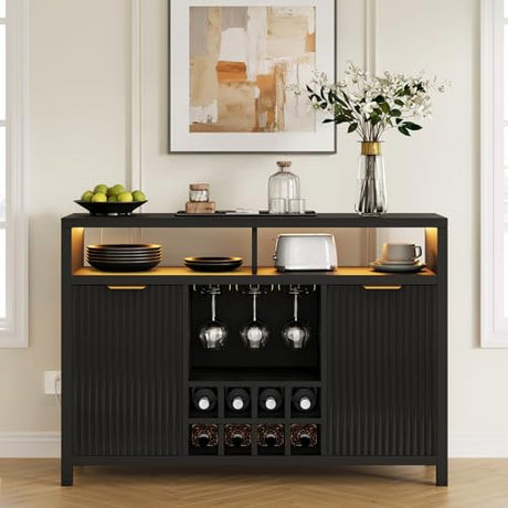 Fluted Home Bar Wine Cabinet with LED Light, Charging Station, Wine Rack - Buffet Cabinet with Storage, Coffee Bar Table, Stylish Fluted Credenza Cabinet for Modern Home Kitchen 47.2" Black Svimi