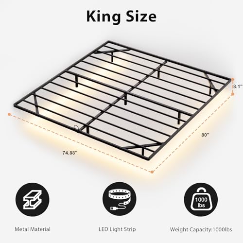 YIADDTION King Size Floating Bed Frame with Smart LED Lights, Modern Metal Platform Floating Bed Frame King - Heavy Duty Easy Assembly No Box Spring Needed and Noise Free YIADDTION