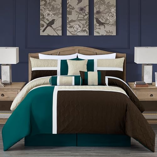 Chezmoi Collection Upland 7-Piece Quilted Patchwork Comforter Set, Teal/Beige/Brown, King Chezmoi Collection