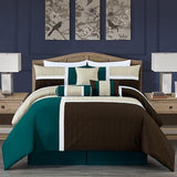 Chezmoi Collection Upland 7-Piece Quilted Patchwork Comforter Set, Teal/Beige/Brown, King Chezmoi Collection