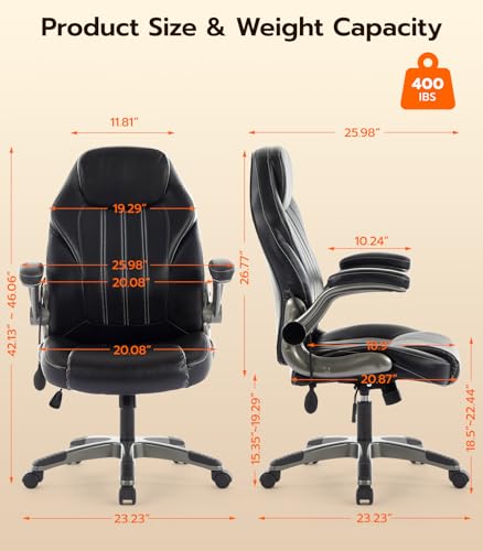 Office Desk Chair, Ergonomic Computer Chair with Padded Flip-Up Arms and Adjustable Lumbar Support, PU Leather Executive Chair with Tilt Lock and 360° Swivel Rolling Wheels for Work, Study Ylzyxal