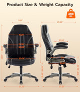 Office Desk Chair, Ergonomic Computer Chair with Padded Flip-Up Arms and Adjustable Lumbar Support, PU Leather Executive Chair with Tilt Lock and 360° Swivel Rolling Wheels for Work, Study Ylzyxal