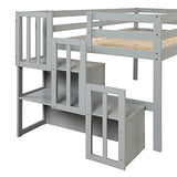 PVWIIK Twin Low Loft Bed with Staircase and Guardrail for Girls,Boys - Pinewood Frame,Grey PVWIIK