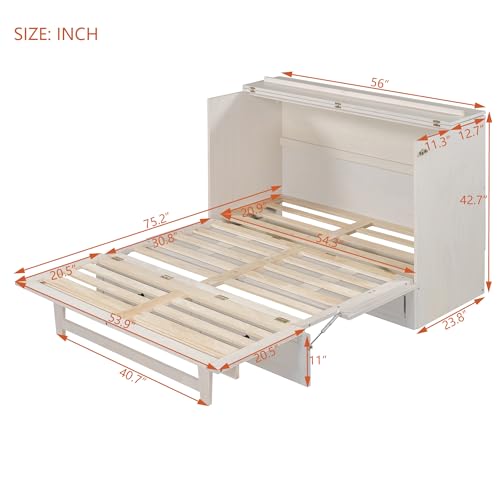 YOPTO Full Size Murphy Bed Chest,Folding Storage Wall Bed with Large Drawers,USB Ports & 2 Three-Prong Outlets,Hidden Cabinet Platform Bed W/Wood Slats Support,for Bedroom,Guest Room,Brushed White YOPTO