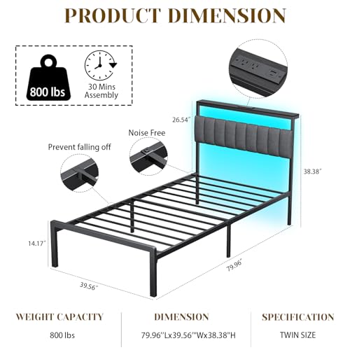 Woanke Twin Bed Frame With Headboard Upholstered, Twin Frame with LED & Charging Station, Twin Metal Bed Frame Assemble Easily, Noise-Free Bed Frame Twin, Black Twin Bed Frames for Kids & Adults,Black Woanke