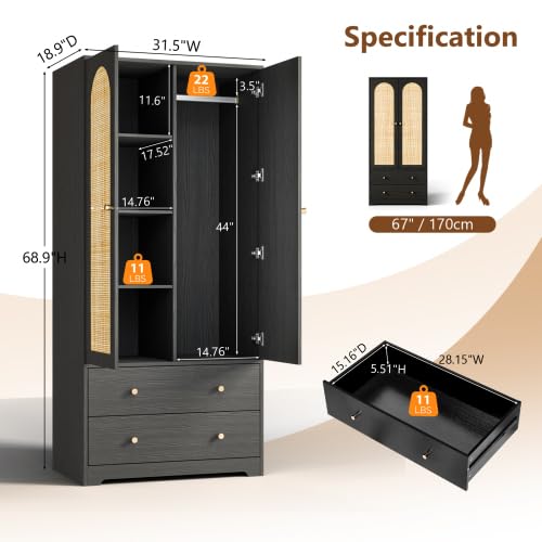 VINGLI Rattan Wardrobe Closet, Armoire Closet with Drawers & Hanging Rod, Armoire with Shelves and Doors, Wooden Wardrobe for Hanging Clothes, Black, 68.9" H VINGLI